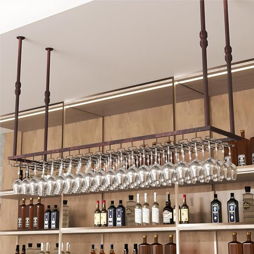 YDEHUEAD Portabicchieri da vino da appendere in altezza regolabile/Portabottiglie da Soffitto - Mensola da Soffitto/Portabottiglie da vino vintage/Portabottiglie da parete rustico (Bronzo, 90.35cm)