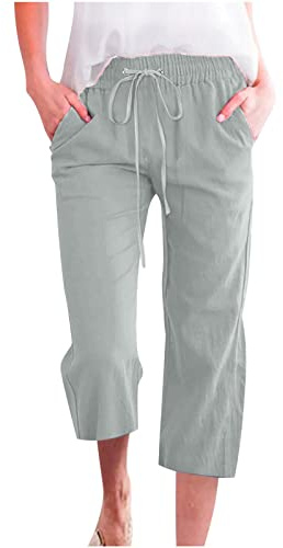 KUIH Three Quarter Length Trousers Women Capri Pants, Ladies Cropped Cotton Linen Trousers Plain 3/4 Trousers Summer Loose Lounge Pants Drawstring Elasticated Waist Bottoms with Pockets