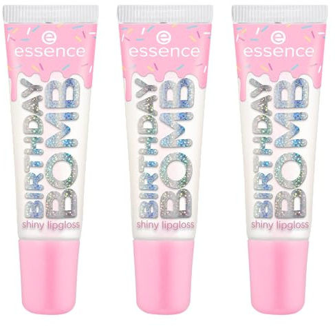 essence BIRTHDAY BOMB shiny lipgloss, Nr. 01, Transparent, natürlich, glänzend, strahlend frisch, schimmernd, vegan, ohne Parabene, ohne Mikroplastikpartikel, Nanopartikel frei, 3er Pack (3x10ml)