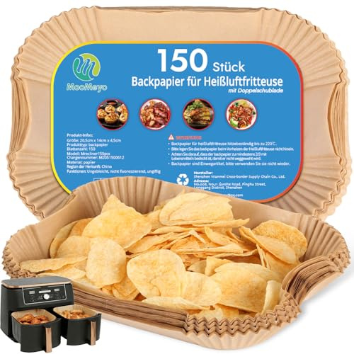 150 Stück Backpapier für Heißluftfritteuse Ninja Dual, AF300EU AF400EU SL400EU Einwegpapier Pergamentpapier Backpapier Liner Zubehör Kompatibel mit Ninja Cosori Cecotec Airfryer mit Doppelkammer