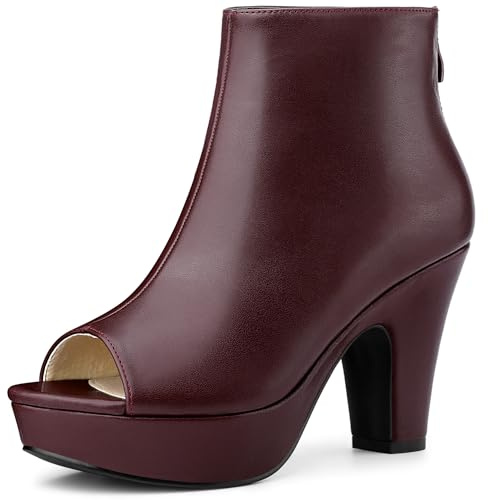 Allegra K Peep Toe Ankle Boots for Women Back Zip Chunky Heel Platform Burgundy Boots 7 M US