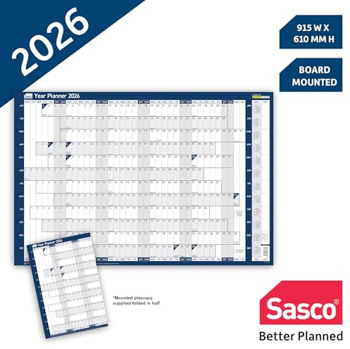 Sasco 2026 Wall Planner – Board Mounted Year Calendar with Wet Wipe Pen & Stickers, 91.5x61centimeters, Blue – UK & ROI Holidays Marked – Suitable for Office, Home, and School Planning
