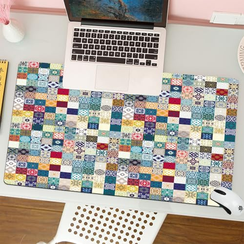 QRFASFZO Tapis de Souris Gaming - 30x80 cm - Tapis de Souris Esports - Ne Glisse jamais - Couverture complète du Bureau - Motif de mosaïque Florale en Patchwork. Mosaïque de Carreaux carrés colorés d