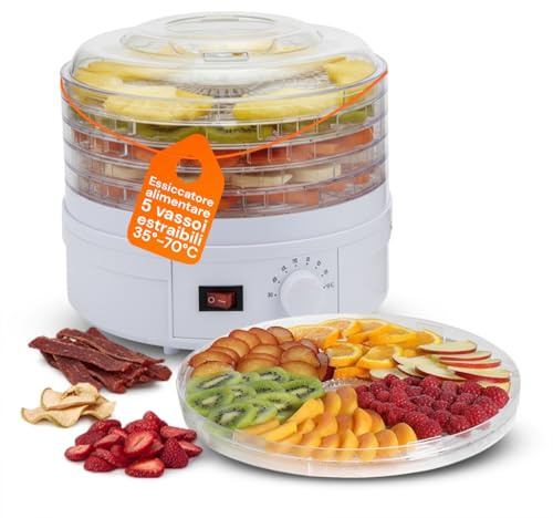 Avilia Essiccatore Alimentare a 5 Vassoi Impilabili - Disidratatore per Frutta, Verdura, Funghi e Carne - Temperatura Regolabile 35°-70°C - Ventilazione Uniforme per Snack Sani e Naturali