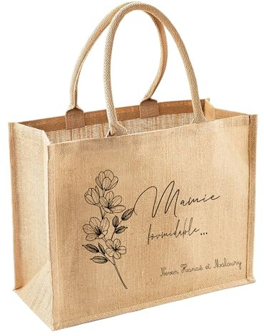 Générique Sac jute personnalisé – “Mamie formidable…” – Cadeau fête des grands-mères, anniversaire ou Noël – Cabas réutilisable 43×33 cm – Personnalisable avec prénoms –