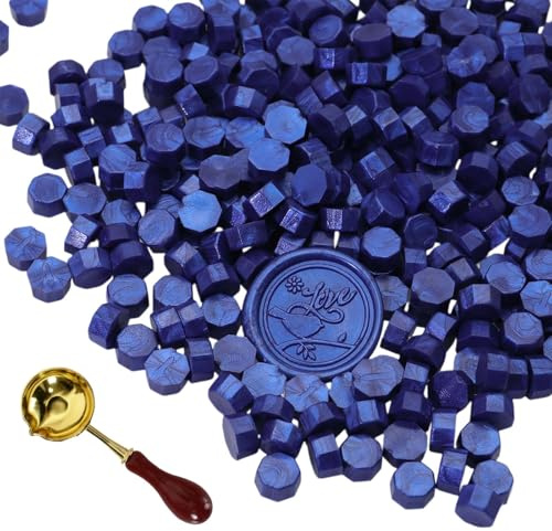 300 Stück Siegelwachs Perlen mit Schmelzlöffel, Blau Achteckige Wachssiegel Set für Stempel, Briefe, Einladungen, Karten, Umschläge, Geschenkverpackung, Hochzeit, Basteln