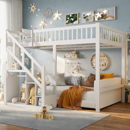 Lietre Etagenbett 140x200cm, Kinderbett Hochbett mit Rausfallschutz und Lagerregal, Hochbett Holzbett mit Treppe für Kinder und Jugendliche (Weiß-B, 140x200)