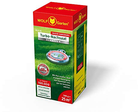 WOLF-Garten Turbo-Nachsaat „SCHATTEN“ zur Rasensanierung LR-S 25 (für 25 m², hohe Dichte mit ca. 100.000 Trieben/m², speziell auf schattige Lagen, mit WOLF-Garten Keimgarantie, im 500g Karton) 3826625