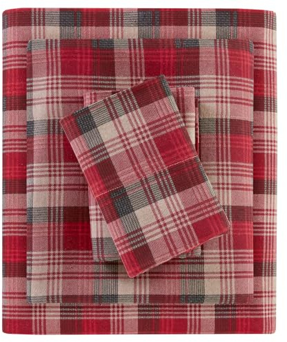 WOOLRICH Juego de sábanas de algodón con Estampado de dijes de cabaña, 100% Franela de algodón, Juego de Ropa de Cama cálido y Mullido, sábanas tamaño Queen, Bolsillo Ajustable para colchones de