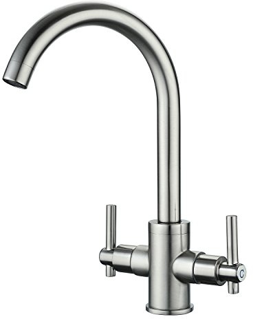 Funime Brushed Steel Kitchen Mixer Taps 1 Hole Dual Lever 360° Swivel Spout | 304 Stainless Steel, Anti-Fingerprint Brushed Nickel Finish, Monobloc Swan Neck Kitchen Sink Tap Faucet, Easy Install