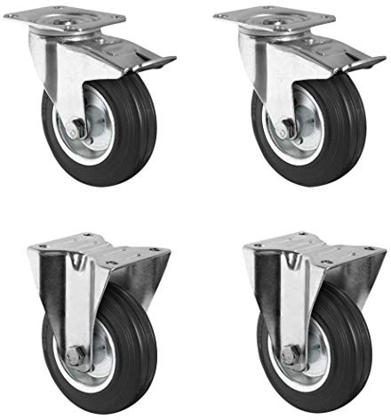 CASCOO SETTPFP160SWS4R0N Rollensatz 2 Lenkrollen mit Feststeller, 2 Bockrollen, Stahlfelge, Vollgummi, Durchmesser 160 mm, Transportrollen, Rollenlager, Traglast 405 kg (4-er Pack)
