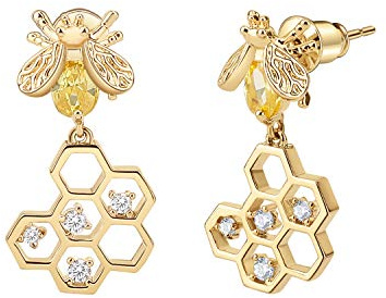 Emibele Ohrringe Damen, Vergoldetes Metall Ohrringe mit 925 Sterling Silber Nadeln, Kubik Zirkonia Messing Klein Bienen & Honigwabe Ohrhänger Damenohrringe mit Zirkonia für Damen Frauen Mädchen