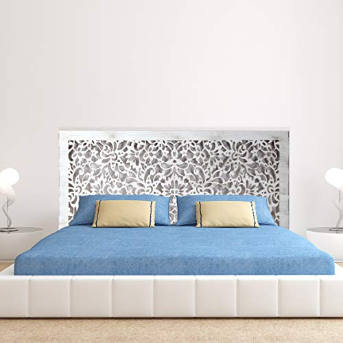 Cabecero de Cama de Madera Calada Blanco envejecido, 145x80 cm, 154Blco | Decorado a Mano. Fabricado en España