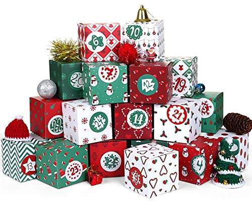 Kesote Adventskalender zum Befüllen Schachteln 24 Boxen Weihnachten Kisten Geschenkboxen Rot Grün Karton mit 24 Zahlenaufkleber zum Basteln und Aufstellen Weihnachten Deko