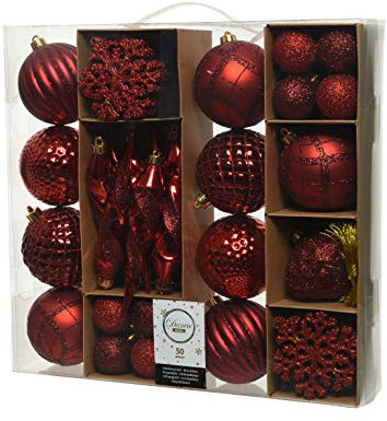 Decoris 50er Set bruchfeste Weihnachtskugeln rot aus Kunststoff für innen und außen