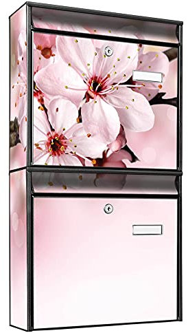 banjado Briefkastenanlage 2 Fach - 2 Briefkästen 36x64x10cm groß - Doppelbriefkasten Set - Namensschild, 2 Schlüssel, Montagematerial - Stahl verzinkt schwarz - Motiv Kirschblüte