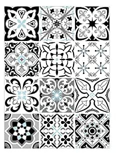 | Adhésif pour Carrelage Mural | 12 Pièces - Stickers Autocollants Adhesifs Carrelage - Carreaux de Ciment - Greyblue - Dimensions d'un Sticker : 15 x 15 cm - Meubles Cuisine Salle de Bains ...