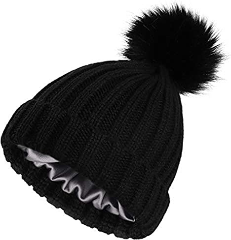 Moonumen Dam vinter satin fodrade pom-mössor stickade mössor med avtagbar pom pälsmössa flickor sidenfodrad vinter stretchig varm hatt (svart), Svart