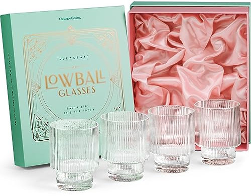 GLASSIQUE CADEAU Vasos de cóctel vintage Art Deco acanalados | Juego de 4 | Vasos dobles de cristal de 12 onzas para beber whisky clásico, ginebra, bebidas de bar de vodka | Cristalería redonda
