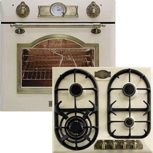 Kaiser Empire EH 6355 ElfEm + KG 6325 ElfEm Forno elettrico da incasso in stile retrò, 67 litri, autopulente, 8 funzioni, girarrosto+ Piano cottura a gas, smaltato avorio, 3,8 KW WOK