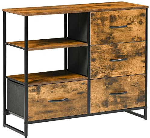 HOMCOM Förvaringsskåp Möbler, Byrå, Industriell Stil Förvaringsbänk Skåp 4 Vikbara Tyglådor 2 Metall- och Trähyllor - 84 x 30 x 71,5 cm