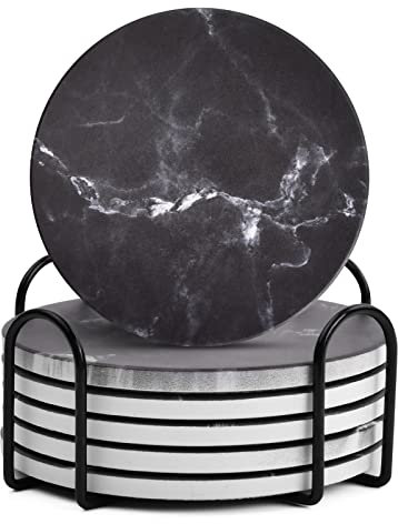 Anseom 6 Stück Untersetzer Gläser, Runder Keramik Untersetzer mit Basis, Getränk Untersetzer Marmor mit Kork-Rückseite für Bars, Cafés, Haus, Party, Büro, Wohnkultur (Schwarz)