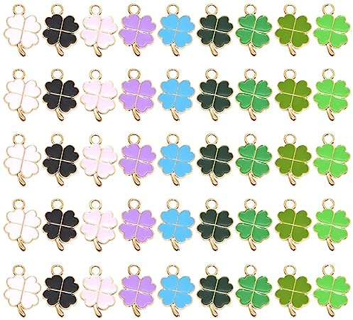 Cosswe Glücksbringer Vierblättriges Kleeblatt, 48 Stück Vierblättrige Kleeblatt Anhänger Metall Halsketten Zubehör DIY Basteln Schmuck Ornamente Autoschlüsselanhänger Glück Schlüsselanhänger