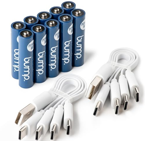 BUMP NiMH AAA Rechargeable Batteries 1.2V - 10 Pack Long Lasting (1000mAh) - Reusable Battery Replacement with 4-in-1 USB-C Charging Cords - Ideal for Flashlights, Remote Controls, and Cordless Phones