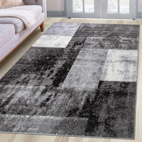 oKu-Tex Teppich Wohnzimmerteppich [120x170 cm] weicher Kurzflor grau meliert - Grauer Teppich für das Wohnzimmer - Carpet Living Room - geometrisches Patchwork Design - Deutsche Marke