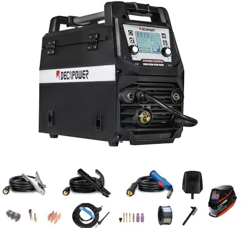 Decapower Saldatrice MIG MAG Sinergy MMA TIG 4 in 1 senza gas con gas Argon Co2 Saldatura 200A Saldatura di alluminio Apparecchiature di saldatura (XTRAMIG-200 SD PACK4)