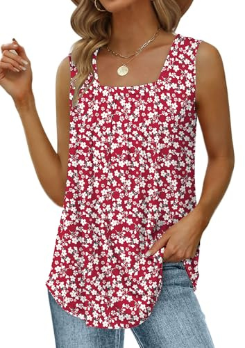 Cuptacc Top Donna Eleganti Scollo Quadrato Senza Maniche Racer Back Fashion Blusa Donna Traspirante Estivi Casual Thin Straps Morbido Beach Maglie Donna Fiore Rosso XL 48-50