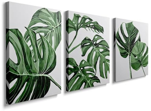 Canvas Wall Art Prints 3 Pieces White Green Leaves Picture Framed Artwork Paintings for Bedroom Living Room Kitchen 30 x 40cm Home Wall Decoration Paintings Personalised Photo Gifts, GYH0007