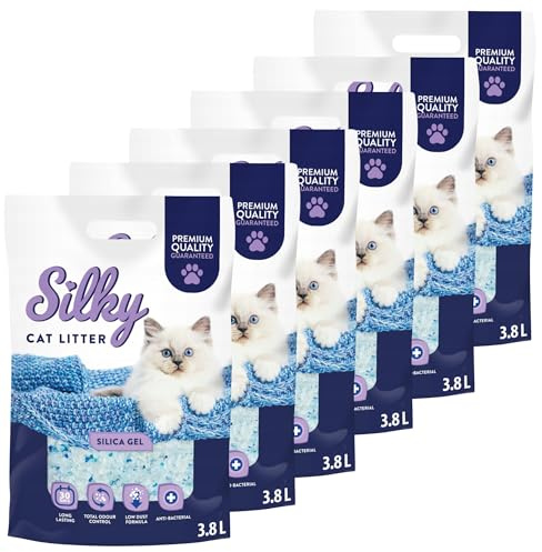 Silky Silikat Katzenstreu, Staubfrei Unparfümiert Kristall Silikatstreu, Geruchsneutral, Hohe Saugkraft, Antibakteriell | 22,8L - 6er-Pack