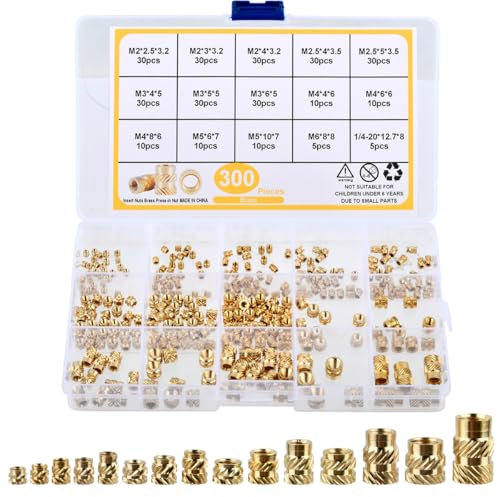BUYGOO 300PZ Dado Inserto Filettato M2/M2.5/M3/M4/M5/M6 Dadi Zigrinati con Filettatura Femmina Boccola Filettate in Ottone per Parti Plastica Calore o dagli Ultrasuoni Nelle Parti Della Stampante 3D
