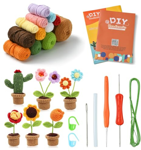 Airssory Häkelset mit verschiedenen Stilen zum Selbermachen, Wollgarn, gewebte Blume, Kaktus, Stricksets mit Schritt-für-Schritt-Video für Anfänger, Heimdekoration, Schlüsselanhänger-Dekoration