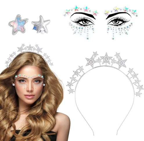 Sterne Haarreif Silber Sterne Stirnband, Strass Haarband mit Gesichtstattoo, Karneval Fasching Halloween Geburtstag Party Kostüm, Haarreifen Glitzer Haarschmuck für Damen Mädchen