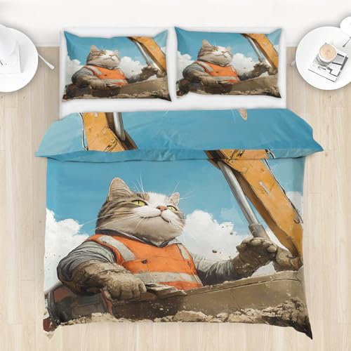 ZaopVrynx KinderBettwäsche 140x200 Katze Bettwäsche 140 x 200 Kinder Teenager Mädchen Jungen, Baustelle Bagger Bettwäsche-Set 2 Teilig Bettbezug mit Reißverschluss 1 Kissenbezügen