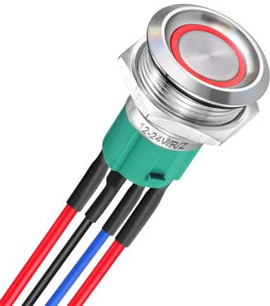 acegoo 19mm 12V Schalter Edelstahl Druckschalter Rund 10A EIN/AUS SPST 12V/24V Taste vorverdrahtete Kabel für Wohnmobil Boot LKW Auto, Rotes Ringlicht (1Pcs, Silber)