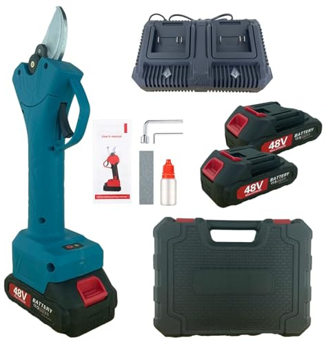 K2 STORE - FORBICI A BATTERIA DA POTATURA + VALIGIA CESOIA CON 2 BATTERIE 48V 2.5 AH DOPPIO CARICABATTERIE DA TAVOLO TAGLIO 25MM PER RAMI DI ALBERI DI FRUTTA DI COLORE BLU VERDE ROSSO 2 ANNI GARANZIA