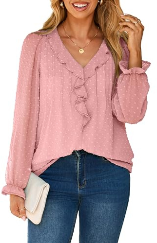 Simplee Womens Dressy Long Sleeve Blouse Casual V-Neck Ruffle Business Tops Chiffon Work Ladies Shirts 2025 Fall Trendy(Medium,Pink)