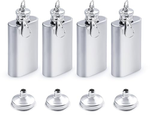 LELE LIFE Mini-Flachmann, Schlüsselanhänger, auslaufsicher, 304 Edelstahl, kleine versteckte Hüft-Tampon-Flasche für Damen und Herren, Likör, Alkohol, Whiskey, Weinflasche mit 4 Trichtern, 57 ml, 4