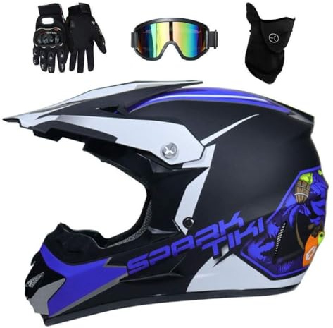Outdoor Sport Motocross Helmet Set, with Goggles Gloves Mask, Youth Kids Full-Face MTB Off Road Motorbike ATV Helmets, Downhill Quad Dirt Bike Enduro Racing Crash Helmet(Blue,M/54-55CM)
