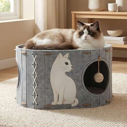 Katzenhaus Filz für Indoor Katzen – Katzenbett Höhle mit Sisal Ball & Wendbarem Kühl- und Wärmepad, Eingeschlossene Katzenhöhle für Große Katzen & Kätzchen, Gemütliches Mehrkatzenmöbel, Grau