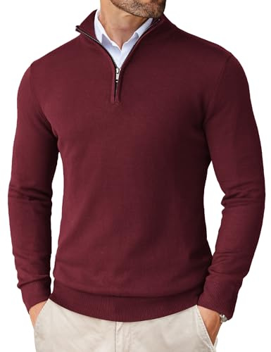 COOFANDY Men's Jumpers Half Zip Sweater Winter Slim Fit Pullover Mock Neck Knitted Jumper Long Sleeve Work Jumpers for Men WineRed L