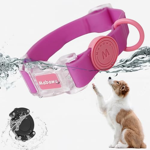 AirTag-Hundehalsband, wasserdichtes Haustier-Tracking-Halsband für Hunde und Katzen, langlebiger, Leichter Silikon-AirTag-Halter mit starkem Verschluss, schwer zu brechen(Rosa,L)