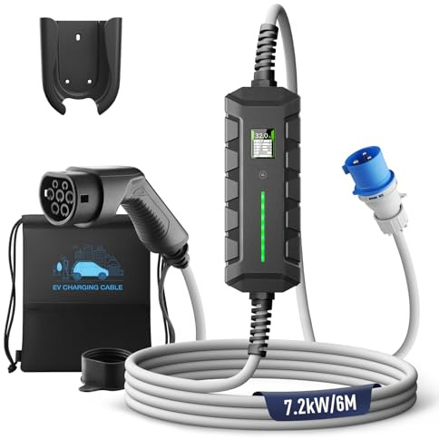 EIDYBOX Tipo 2 Cargador Coche Eléctrico, Caja de Pared móvil 7,4 kW [1 Fase | 16-32A | 6m] Cargador Vehiculo Electrico con Potencia de Carga Ajustable, estación de Carga móvil para EV/PHEV, IP66