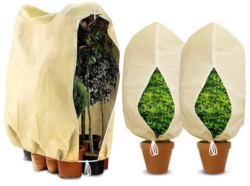 Ewzayol 3 Stück Winterschutz für Pflanzen,Atmungsaktiv 85 g/m² Winterschutz Kübelpflanzensack pflanzenschutz Winter mit Reißverschluss und Zugband Beige(80 x 120 cm &120 x180 cm)