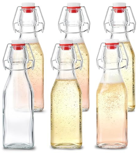 WyndShades 6 Pack 250ml Glass Swing Top Lids – Airtight Clip Top Bottles for Oils, Vinegar, Kombucha, Home Brewing, Infused Water, Sauces & Vanilla Extract – Reusable Clear Preserve Bottles