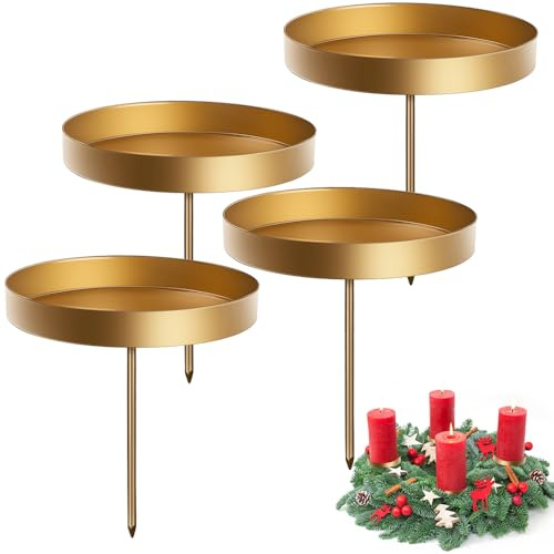 Gold Kerzenhalter Adventskranz 8cm 4er,Kerzenteller für Adventskranz Stumpenkerzen,Kerzenständer Metall mit Dorn stabkerzen Halter für Kerzen Weihnachten Deko Tischdeko