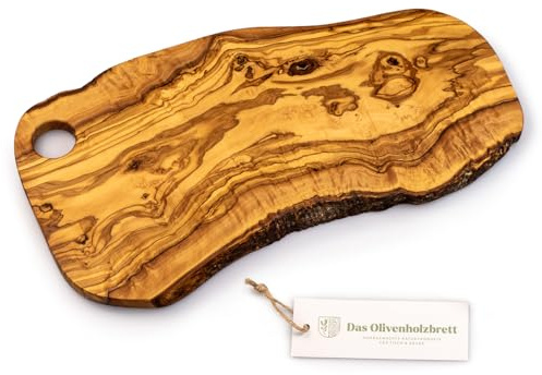 DAS OLIVENHOLZBRETT Grande tagliere in legno d'ulivo/antipasto/tagliere per vesper/tagliere per chacaturie/tagliere per pane con bordo naturale, con foro per servire, 55 cm